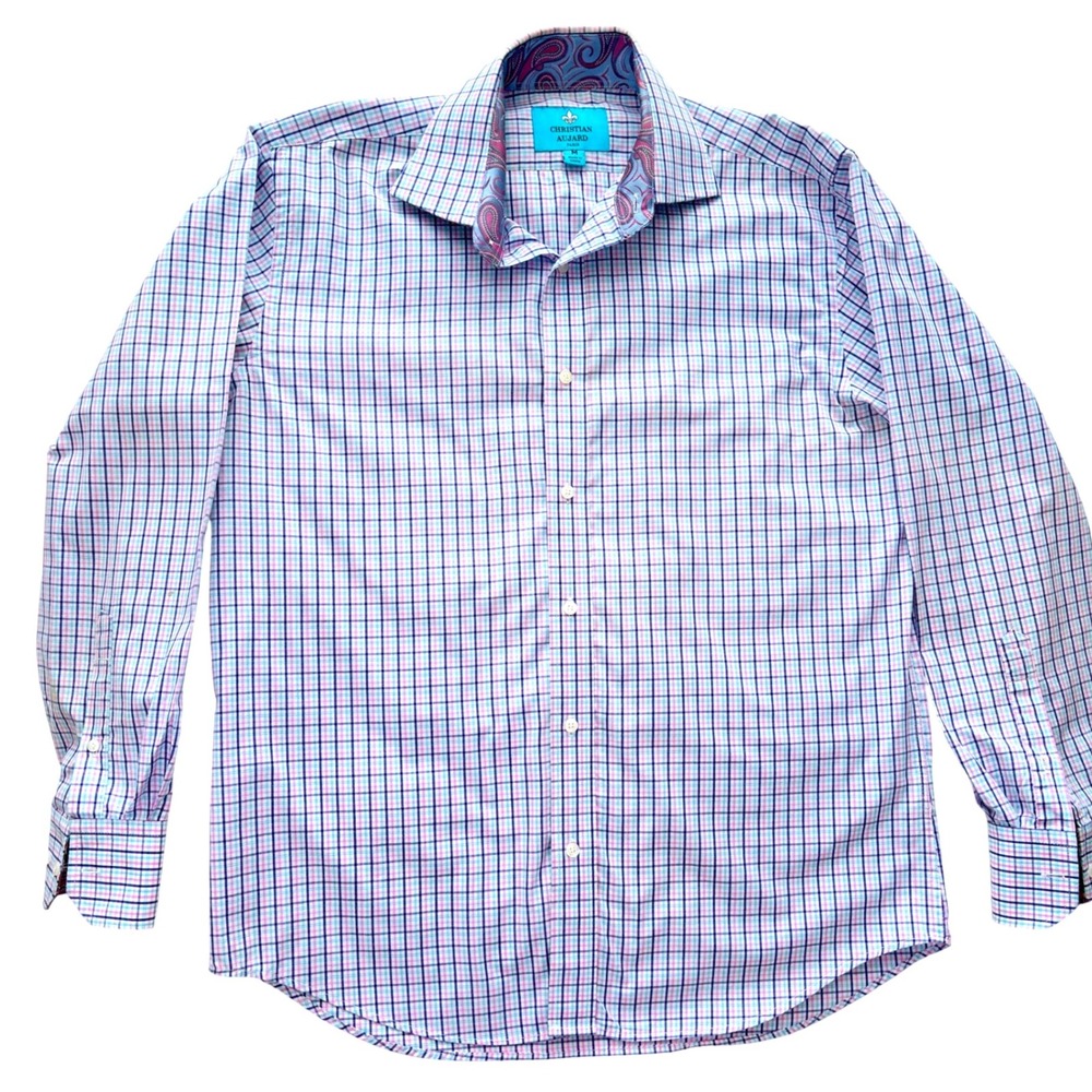 Christian‎ Aujard Paris Mens M Plaid Dress Shirt French Cuff Paisley Trim EUC